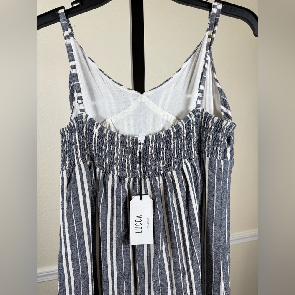 Striped Linen Blend Maxi Dress Adjustable Straps Flowy Bohemian Summer Dress - Picture 3 of 9
